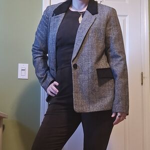 Joie Oversized Grey Plaid Blazer with Black Velvet Accents